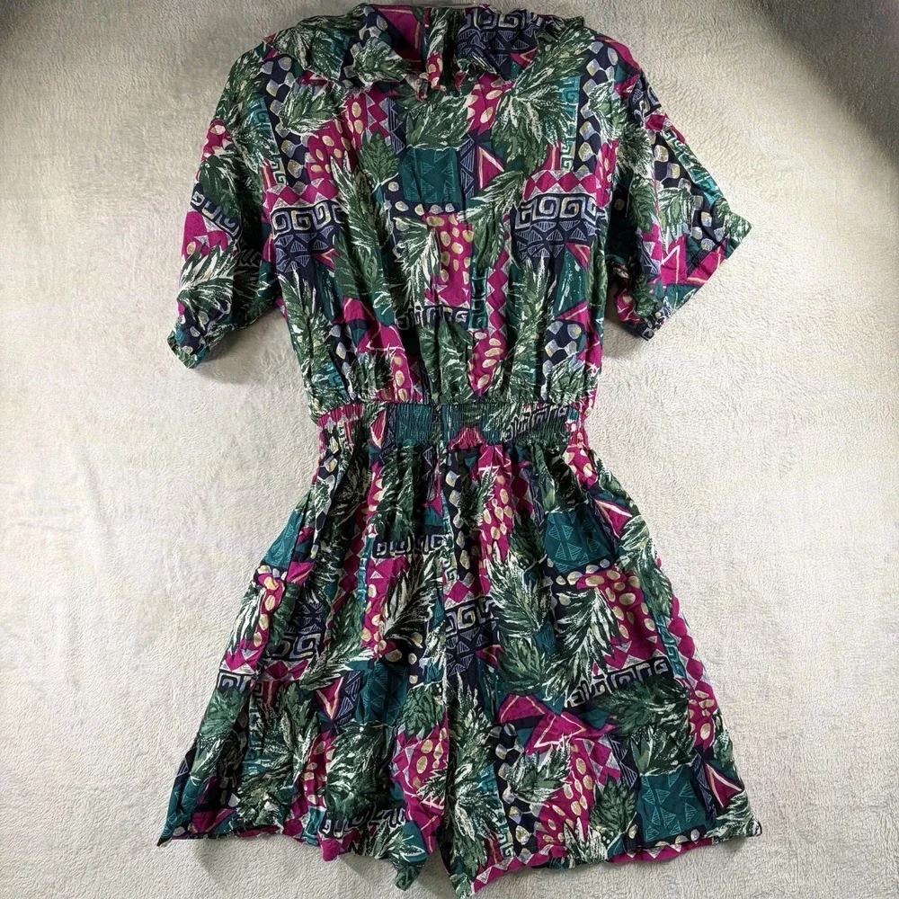 Vintage 90s CA Sport Tropical Romper Sz M Rayon Button Front Elastic Waist